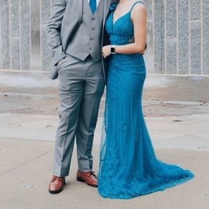 Turquoise Heat Set Embroidered Illusion Dress